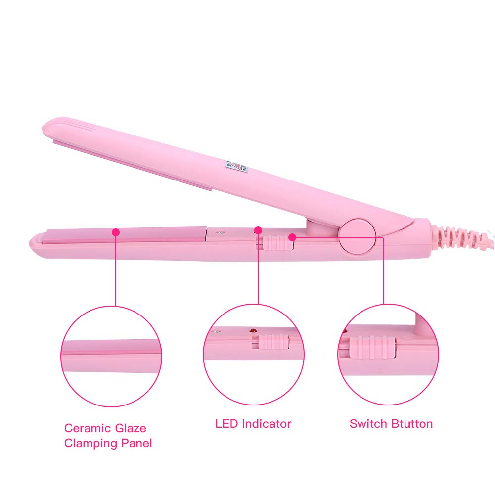 Hair Straightener Flat Iron, 2 in 1 Mini Bangs Hair Straightener Beauty Flat Iron Heating Curler Ceramic Tourmaline Plate Wave Straightener (Pink)