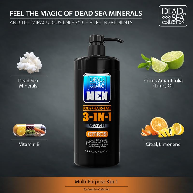 Dead Sea Collection Mens Body Wash 3 in 1 – Citrus Body Wash for Men – Shower Gel – Shampoo – Shower Soap for Face and Hair – Pack of 2 Bottles (33.8 Fl. Oz. Each)
