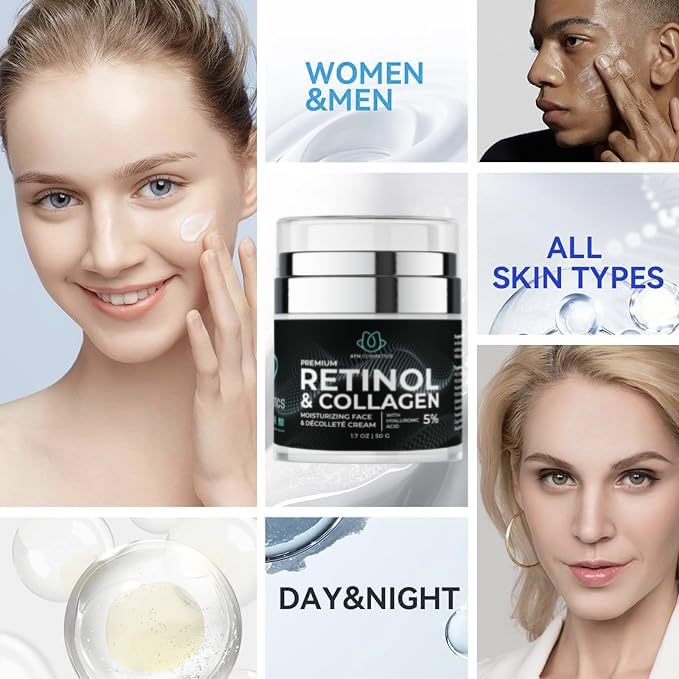 ATN Cosmetics Retinol Cream for Face & Neck, Collagen Moisturizer, Day & Night Cream for Women & Men, Anti Aging, Wrinkle Cream with Hyaluronic Acid, Made in USA