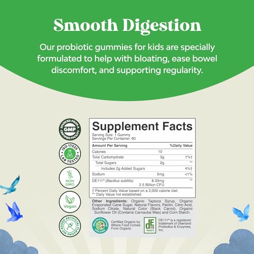 Natures Craft USDA Organic Probiotic Gummies for Kids - Vegan Non-GMO Kids Probiotic Gummy Vitamin for Immunity and Digestive Health - Gentle 2.5B CFU Organic Probiotics Strawberry Flavor (4 Month)