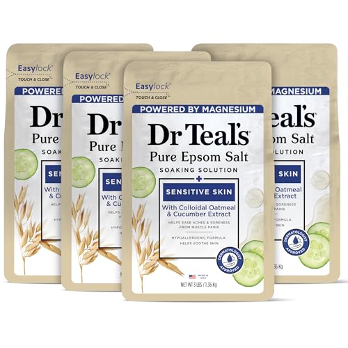 Dr Teal's Epsom Salt Magnesium Soak, Sensitive Skin with Colloidal Oatmeal & Cucumber, 3 lbs (Pack of 4)
