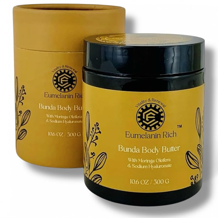 EUMELANIN RICH Bunda Body Butter Whipped Shea & Cocoa Butter Infused With Moringa Oleifera & Sodium Hyaluronate-Intense Hydration for Dry Crepey Skin 10.6oz