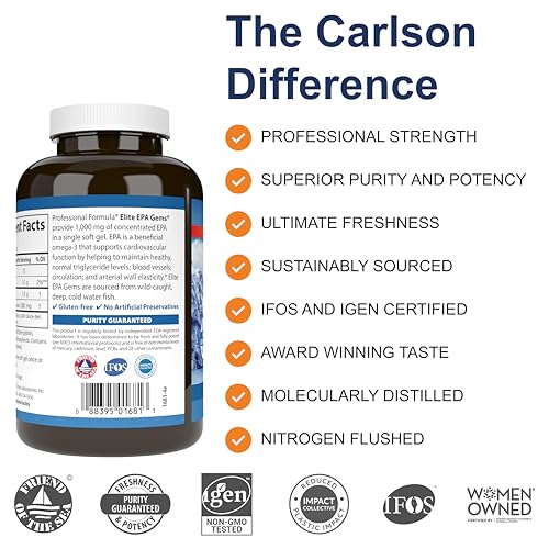 Carlson - Elite EPA Gems, 1000 mg EPA Fish Oil, Wild-Caught, Norwegian Fish Oil, Sustainably Sourced, Helps Maintain Healthy Triglyceride Levels, 120 Softgels