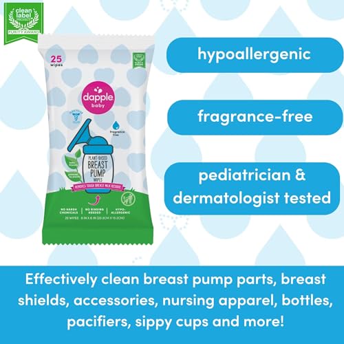 Breast Pump Wipes by Dapple Baby, Hypoallergenic & Powered by Plants, Removes Milk Residue, Leaves No Taste, Convenient Wipes Pouch, Fragrance Free, 25 Count (Pack of 2)