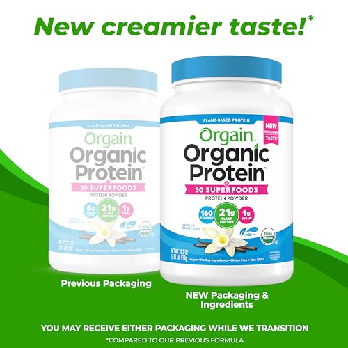 Orgain Organic Vegan Protein + 50 Superfoods Powder, Vanilla Bean - 21g Plant Based Protein, 8g Prebiotic Fiber, No Lactose Ingredients, Gluten Free, Non-GMO, 2.02 lb (Packaging May Vary)