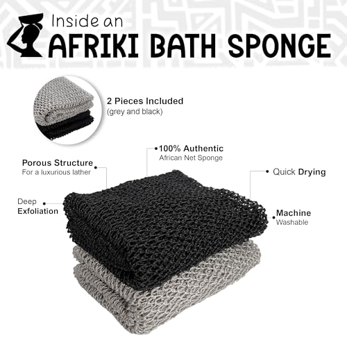 AFRIKI African Net Sponge, African Exfoliating Sponge, Black Owned, Exfoliating Washcloth, Body Exfoliator for Bath and Shower, Back Scrubber, Dead Skin Remover (Black, Grey, 1 Count (Pack of 2))