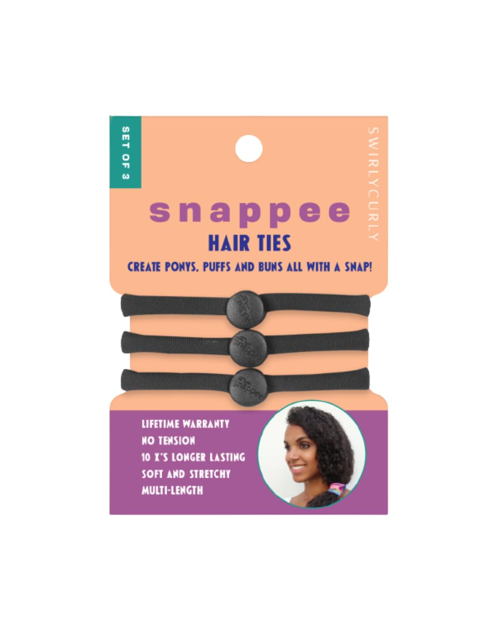 Premium No Crease Snap-Off Hair Ties By Snappee - Easy Ouchless Removal with USA Hand-Made Non-Elastic, Long-Lasting, Super Soft & Stretchy Material for Natural, Thick and All Hair Types! (Licorice)