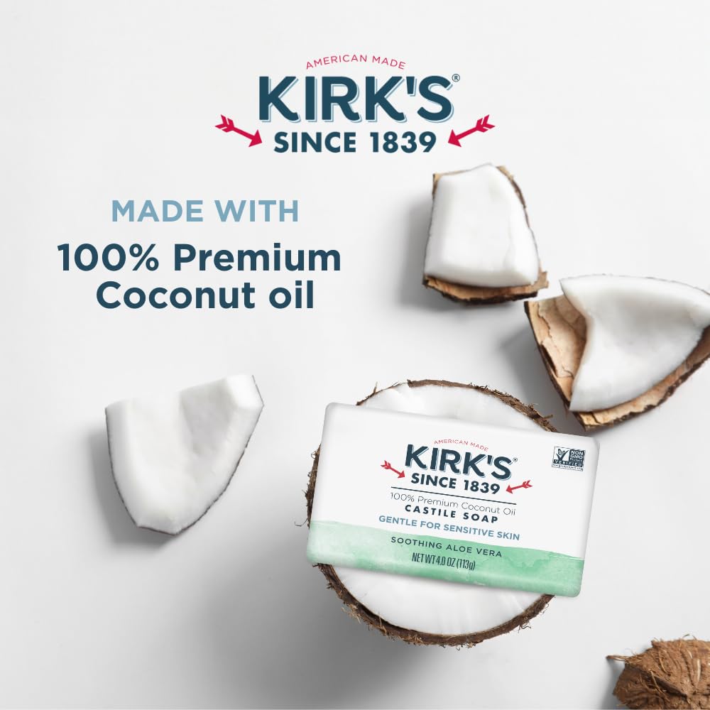 Kirk's Castile Bar Soap for Men, Women & Children - Made with Premium Coconut Oil, Sensitive Skin Formula, Vegan, Non GMO, Aloe Vera, 4 oz. Bars 6 Pack