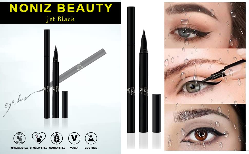 NONIZ Black Liquid Eyeliner - Water Proof Ultra Matte Long Lasting Slim Jet - Black Eye Liner - 100% Intense Black - Smooth Easy Application Pen Liner