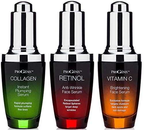 Progenix Professional Skin Care Set. Anti-aging serum set contains Collagen Serum, Retinol Serum, Vitamin C Serum. Helps with the appearance of wrinkles, plump skin, and brighten skin. 1oz each.