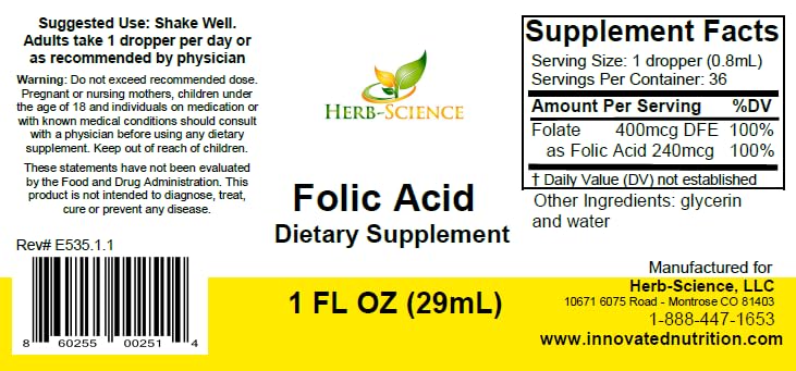 Herb-Science Liquid Vitamin B9 Folic Acid Supplements - VIT B Drops for Brain & Digestive Function, Liver Support - Gluten-Free, Non-GMO, Vegan - Nutritional Supplement for Adults - 1 fl. oz.