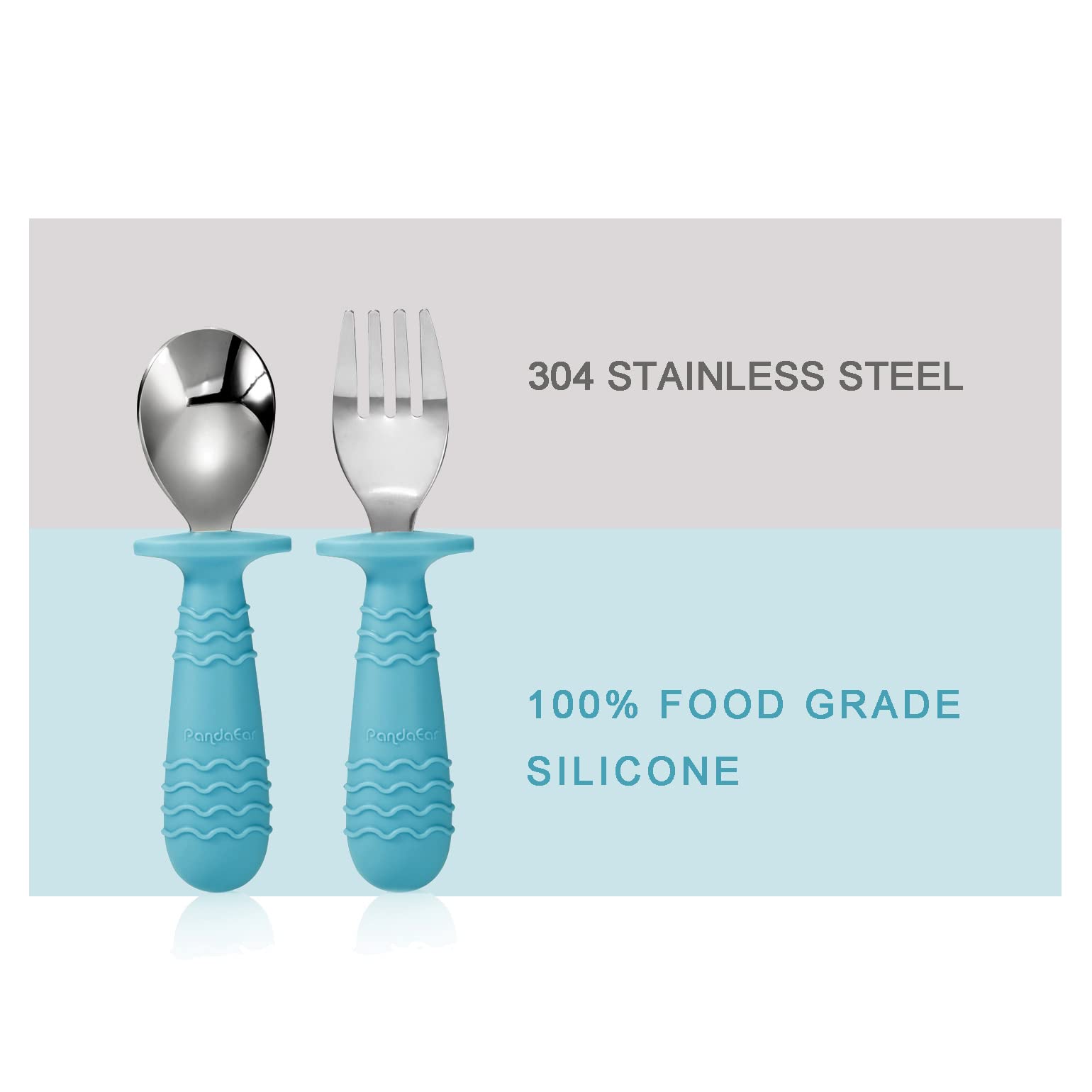 PandaEar 4 Set Baby Toddler Silicone Stainless Steel Utensils Silverware Spoon Fork for Baby Toddler BPA Free with Silicone Holding Anti-Choke Design (Blue&Grey)