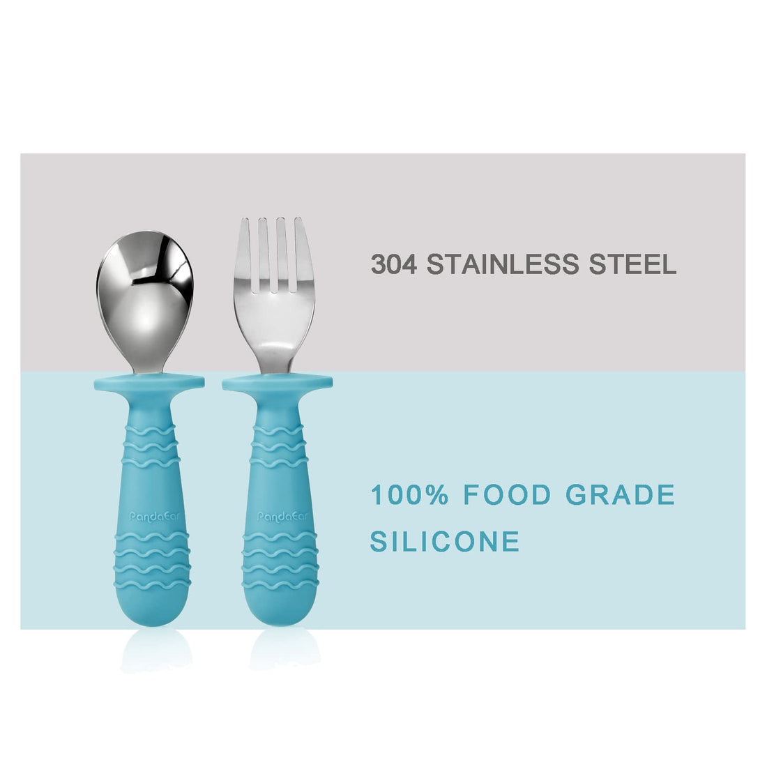 PandaEar 4 Set Baby Toddler Silicone Stainless Steel Utensils Silverware Spoon Fork for Baby Toddler BPA Free with Silicone Holding Anti-Choke Design (Blue&Grey)
