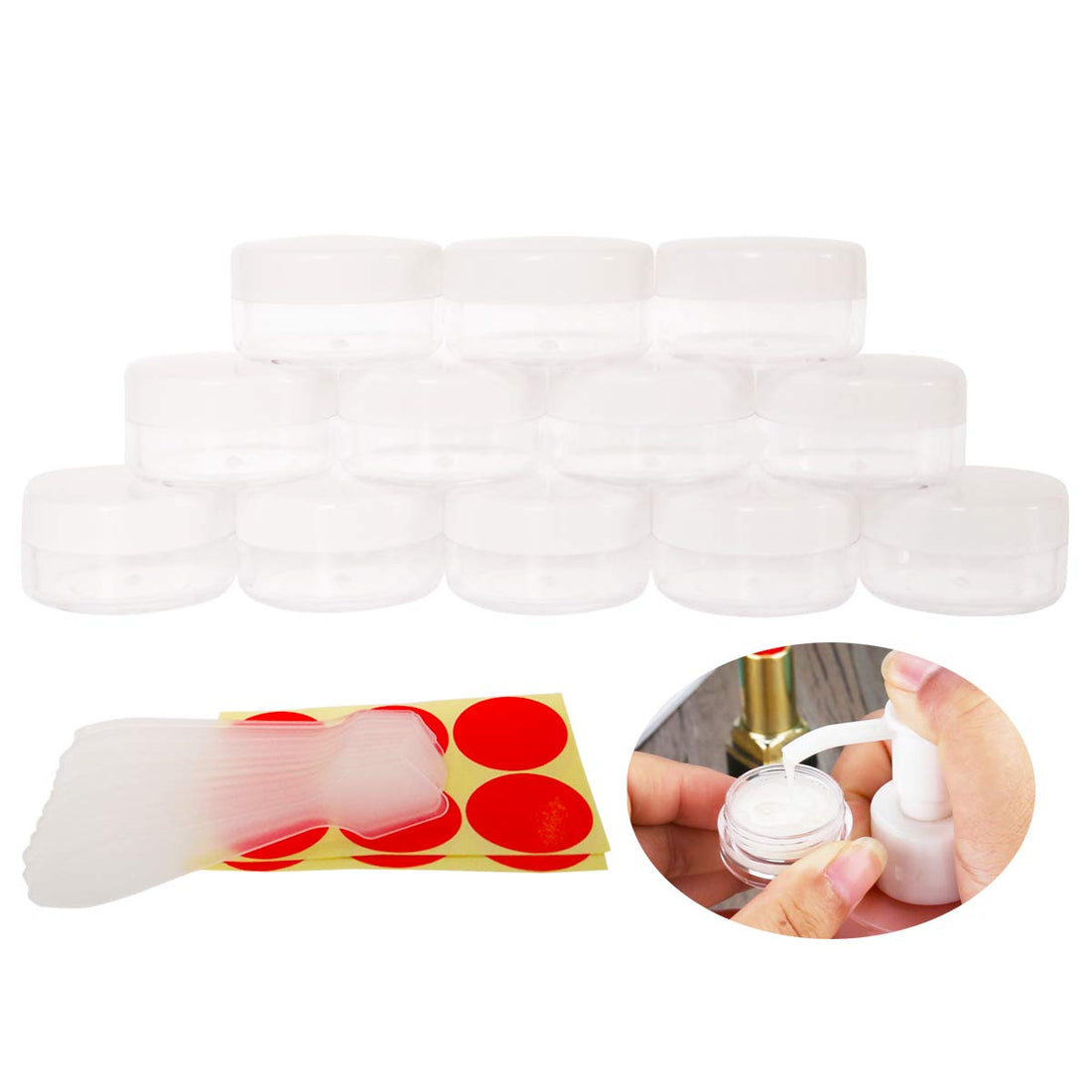 30pcs 10 Gram 10ml Small Jars, Empty Cosmetic Sample Container, Plastic Round Pot WHITE Screw Cap Lid, Tiny 10g Bottle for Makeup, Eye-shadow, Nails, Powder, Jewelry, Slime, Pills, 30 Spatulas +Labels