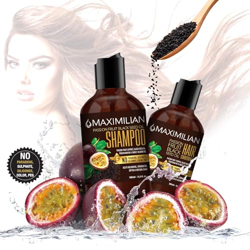 Maximilian Passion Fruit Black Seed Oil Curly Hair Shampoo and Conditioner Set- Extra Volumizing, Strengthing, Moisturizing, Hydration and Shine - Sulfate Paraben Free - (2 x 16.9 Fl Oz / 500mL)