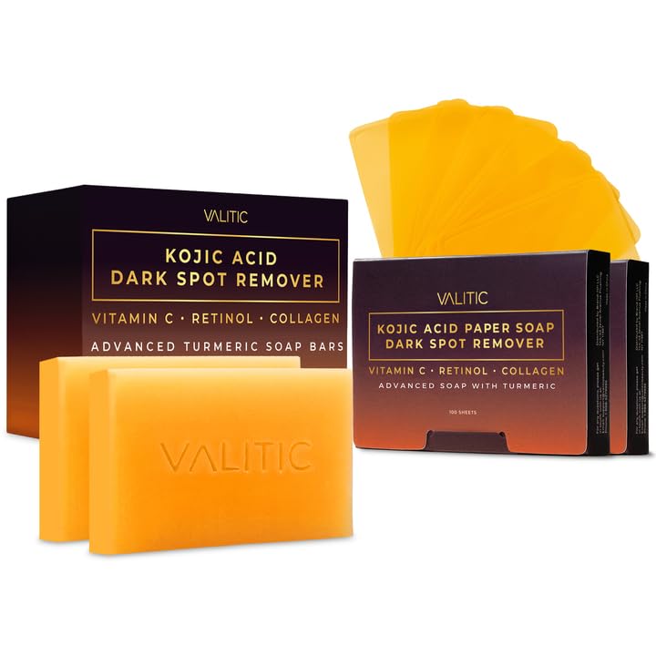 VALITIC Kojic Acid and Turmeric Dark Spot Corrector Soap – Skin Care Cleansing Duo - 2 Soap Bars and 200 Melting Paper Sheets - Infused with Vitamin C, Retinol and Collagen