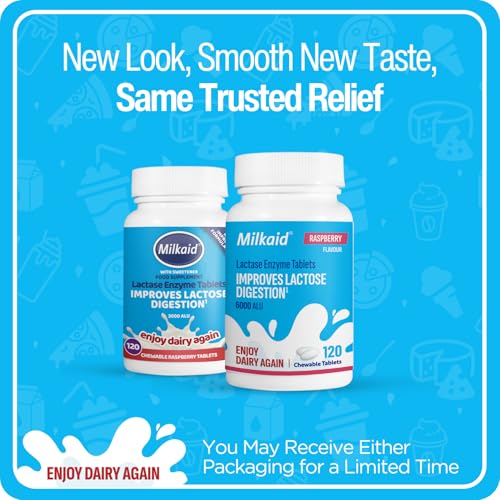 Milkaid Lactase Enzyme Chewable Tablets for Lactose Intolerance Relief | Prevents Gas, Bloating & Diarrhea | Fast Acting Dairy Digestive Supplement (60 Tablets, Raspberry)