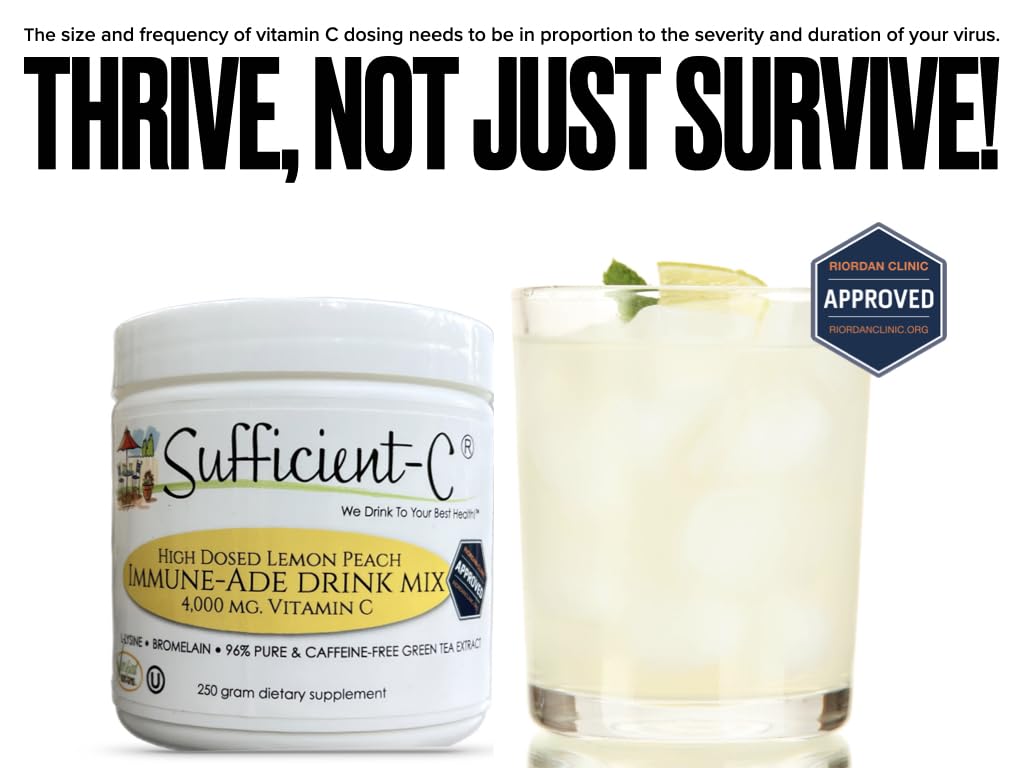 Sufficient-C High-Dosed 4000 mg. Vitamin C Lemon Peach Immune-Ade Drink Mix 250 gram Size - Refreshing with Generously Dosed L-lysine, Bromelain & 96% Pure, Caffeine-Free Green Tea Extract