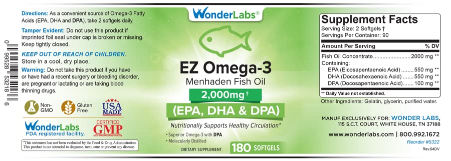 Wonder Laboratories EZ Omega-3 Atlantic Menhaden Fish Oil Supplement 2000 mg, Burpless, Made in The USA, Perfect Balance of EPA+ DHA + DPA 180 Softgels
