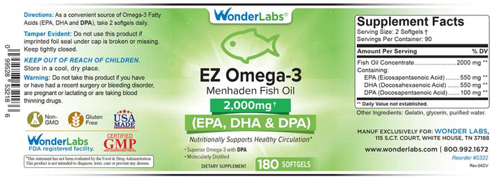 Wonder Laboratories EZ Omega-3 Atlantic Menhaden Fish Oil Supplement 2000 mg, Burpless, Made in The USA, Perfect Balance of EPA+ DHA + DPA 180 Softgels