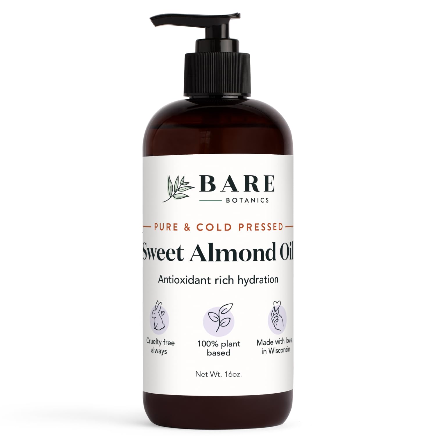 Bare Botanics 100% Pure Sweet Almond Body Oil 16 oz - Cold Pressed & Natural for All Over Moisturization - Multipurpose Carrier Oil for DIY - Hydrate Dry Skin, Hair & Body - Vegan, Cruelty Free Beauty