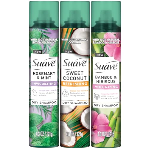 Suave Dry Shampoo Spray Variety 3-Pack – Invigorating Rosemary & Mint, Volumizing Bamboo & Hibiscus + Refreshing Sweet Coconut, 4.3 Oz Ea