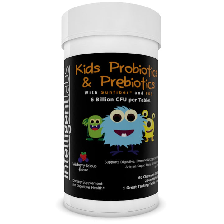 Intelligent Labs 6 Billion CFU Kids/Children's Probiotics with Prebiotics, Sunfiber and Fos, for 10x More Effectiveness, One A Day Great Taste Chewable Probiotic, 2 Months Supply Per Bottle
