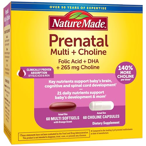 Nature Made Prenatal Vitamin Softgels + Choline Capsules, Folic Acid + DHA + Choline, 60 Prenatal Softgels, 60 Choline Supplements Capsules