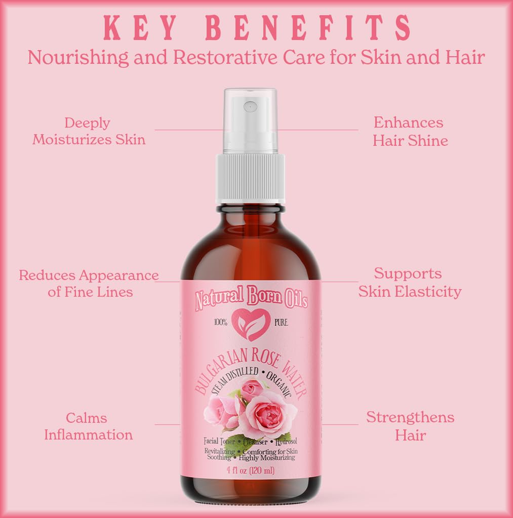 Natural Born Oils 4oz Rose Water Hydrosol, 100% Pure and Natural, Organic, Steam-distilled, Facial Toner Cleanser, with Sprayer