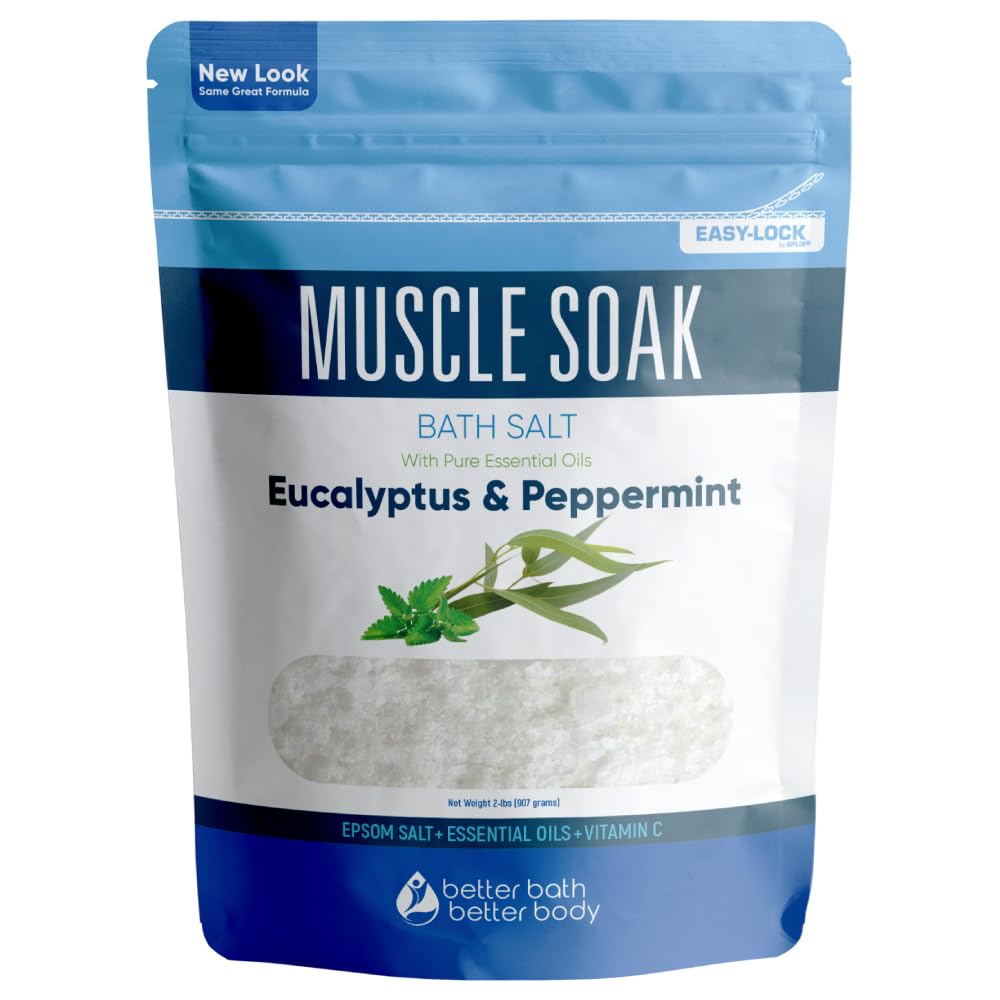 2 Pound : Muscle & Pain Relief Bath Salt 2 Pounds (32 Ounces) - Epsom Salt Bath Soak With Eucalyptus & Peppermint Essential Oil & Vitamin C - Natural No Perfume & Dyes - Relieve Aches & Joint Pains