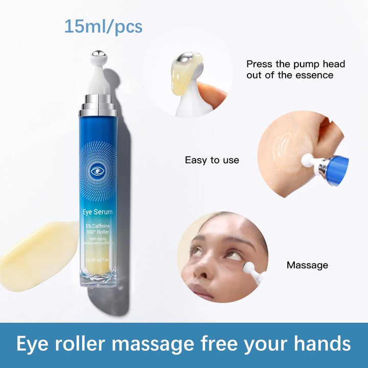 Paminify 5% Caffeine Eye Serum with 360° Massage Rollerball Topper,Caffeine Eye Cream for Dark Circles,Wrinkles,Puffiness and Fine Lines,Under Eye Roller Cream Eye Bags Treatment for Women and Men