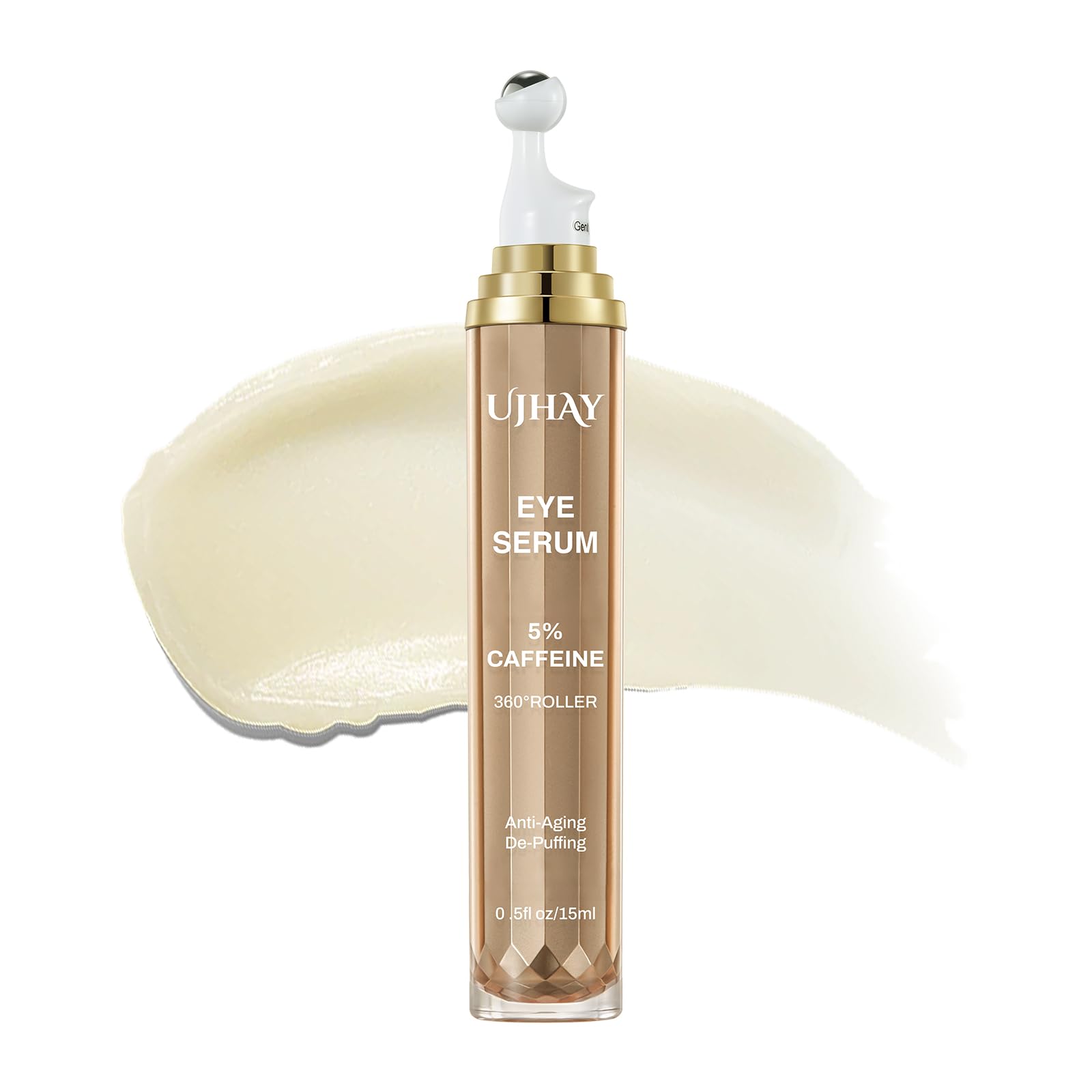 UJHAY 5% Caffeine Eye Cream, Under Eye Serum for Dark Circles, Puffiness & Wrinkles Fine Lines, Eye Roller Serum with 360° Massage Ball, Eye Treatment Balm for Men & Women