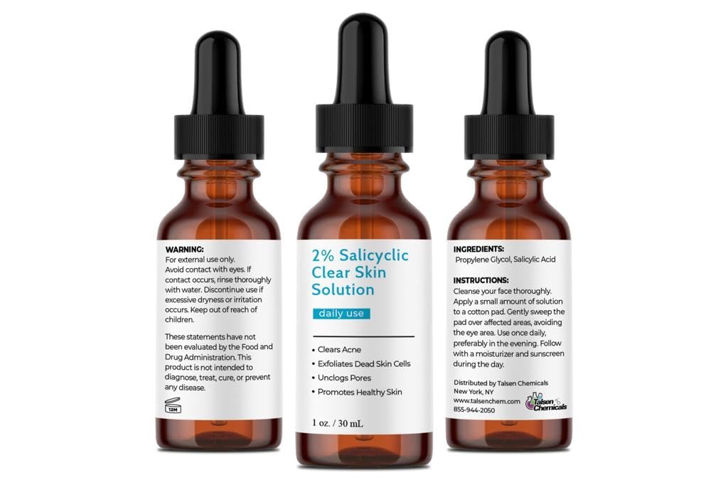 Salicylic Acid 2% Solution (1 Ounce / 30 mL), 2% Salicylic Acid Serum Clearing Pores, Promotes Exfoliation, and Controls Excess Oil in the Pores, by Talsen Chemicals