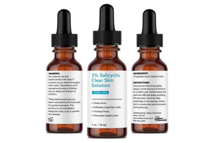 Salicylic Acid 2% Solution (1 Ounce / 30 mL), 2% Salicylic Acid Serum Clearing Pores, Promotes Exfoliation, and Controls Excess Oil in the Pores, by Talsen Chemicals