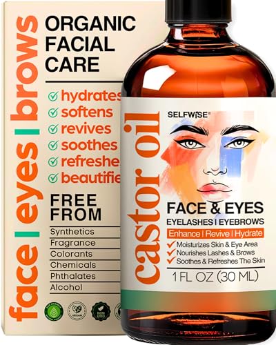 SELFWISE Organic Castor Oil For Face Moisturizer, Eyes, Eyelashes, Eyebrows, Wrinkles with Jojoba, Rosehip, Grapeseed, Squalane, Palmarosa, Bergamot and Vitamin E for Gentle Skin, Men & Women 1oz