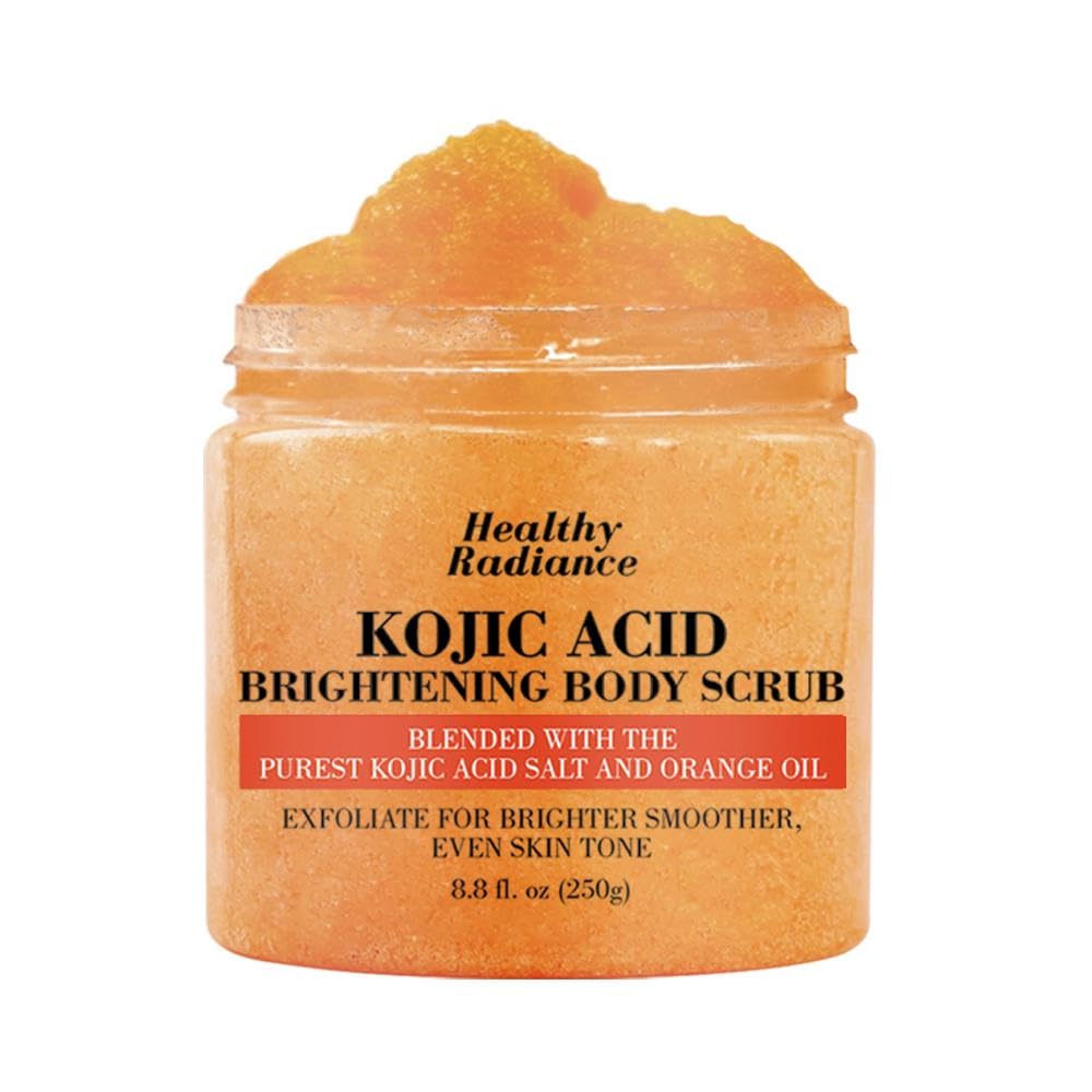 Kojic Acid Body Scrub - With Pure Kojic and Orange Oil | Natural Exfoliating Salt Body & Face Scrub-With Dead Sea Salt | Glycerin Grapeseed/Jojoba Oil- Brightens and Softens Skin 8.8 oz