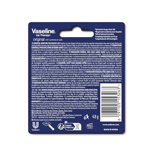 Vaseline Lip Therapy Stick, Original | Original Petroleum Jelly Vaseline Lip Balm for Soft Lips | 4.8g