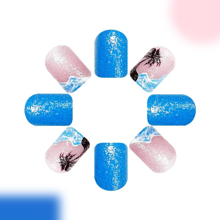 Short Press on Nails Summer Palm Tree Fake Nails Square Acrylic Nails Glossy Blue Glue on Nails with Sea Wave Beach Glitter Designs Stick on Nails Summer False Nails for Women Girls 24PCS
