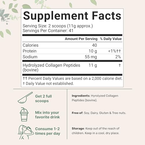 Micro Ingredients Hydrolyzed Collagen Peptides Powder, 1lb | Grass Fed Bovine Collagen for Women & Men | Type I & III Unflavored | Easy Mixing Vital Nutrients for Healthy Hair, Skin & Joints