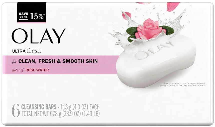 Olay Ultra Fresh Bath Bar, for Clean, Fresh & Smooth Skin with Notes of Rosewater, 23.9 oz (678g) - 6 Count, Pack of 1