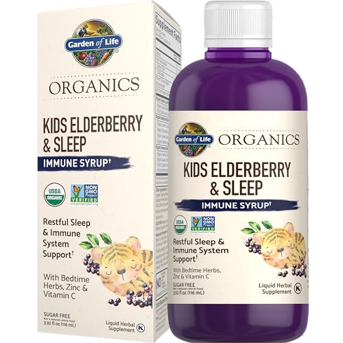 Garden of Life Organics Elderberry Immune Support for Kids with Zinc, Vitamin C - Kids Elderberry & Sleep Immune Syrup Liquid, Bedtime Herbs for Children, No Alcohol, No Added Sugar, 3.92 fl oz