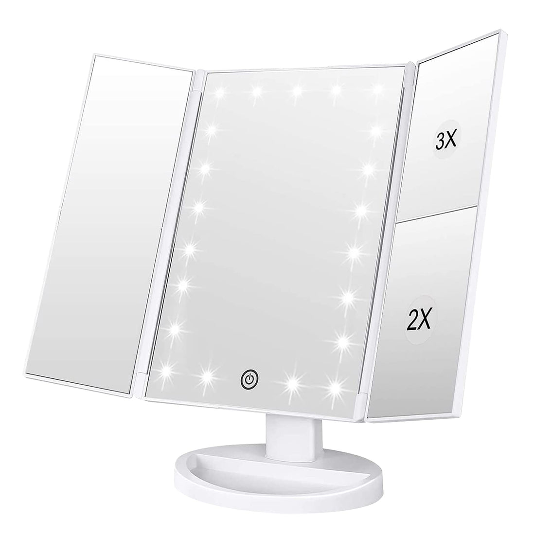 WEILY Makeup Mirror with 21 LED Lights,Two Power Supply Modes, Adjustable Touch Screen and 1x/2x/3x Magnification Tri-Fold Vanity Mirror,Chargeable Travel Cosmetic Mirror for Desktop(White)