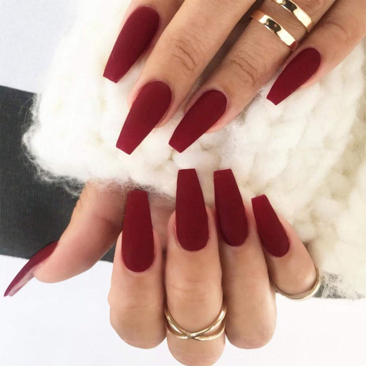 Aimimier 24Pcs Ballerina Matte False Nail Medium Pure Color Full Cover Square Coffin Nails with Glue Sticker Boho Clip on Nails Art Tips Set for Women and Girls (Burgundy)