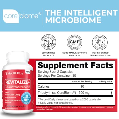 Health Plus Revitalize+ Corebiome Tributyrin Postbiotics for Complete Digestive Health, Leaky Gut, Colon | Gut Health Supplements for Men & Women | 60 Capsules, 30 Servings