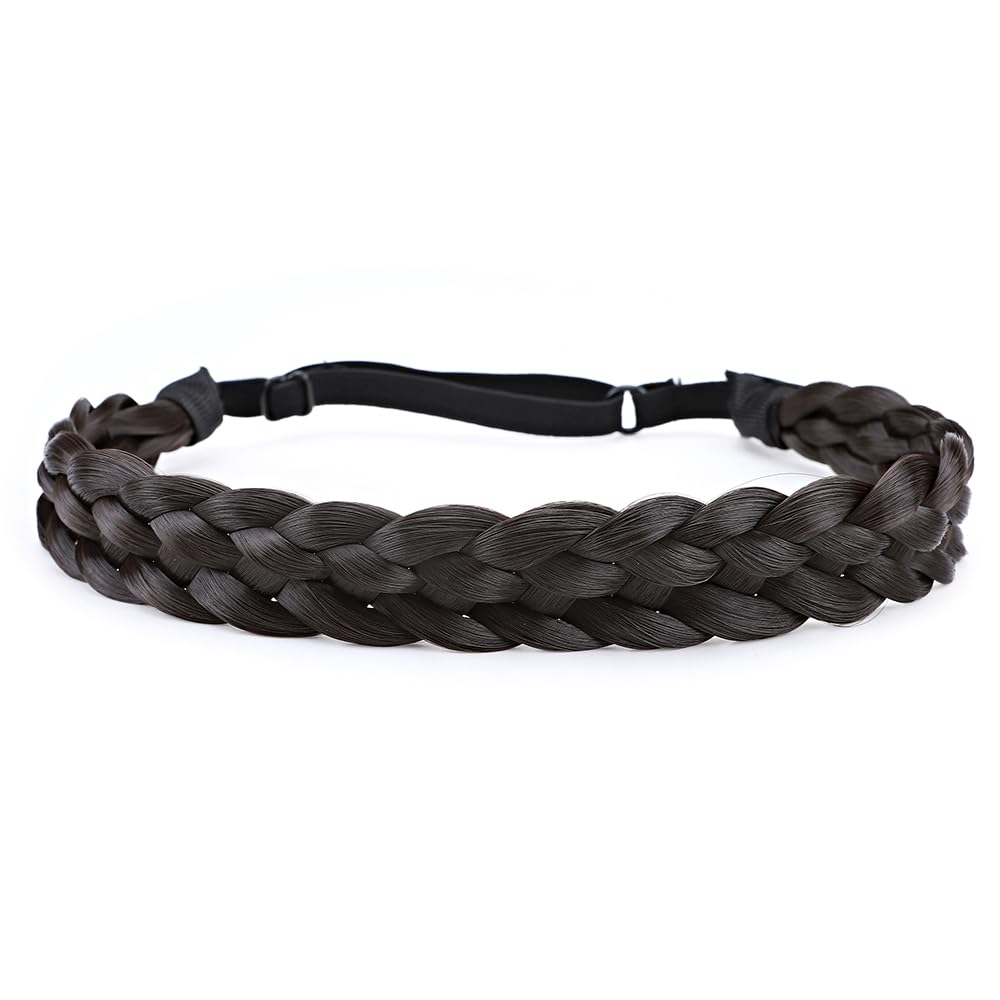 Braided Hair band Plaited Headband Elastic Stretch Wide Plaited Braids Braided Headband Synthetic Hairpiece Chunky Braided Headband Trendy Girls Women (Medium-five strands braided, dark brown)