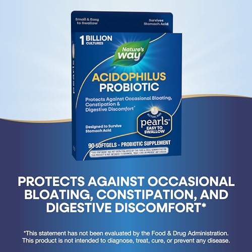 Nature's Way Acidophilus Probiotic Pearls, Supports Digestive Balance and Gut Health*, Protects Against Occasional Constipation and Bloating*, 1 Billion Live Cultures, 90 Softgels (Packaging May Vary)