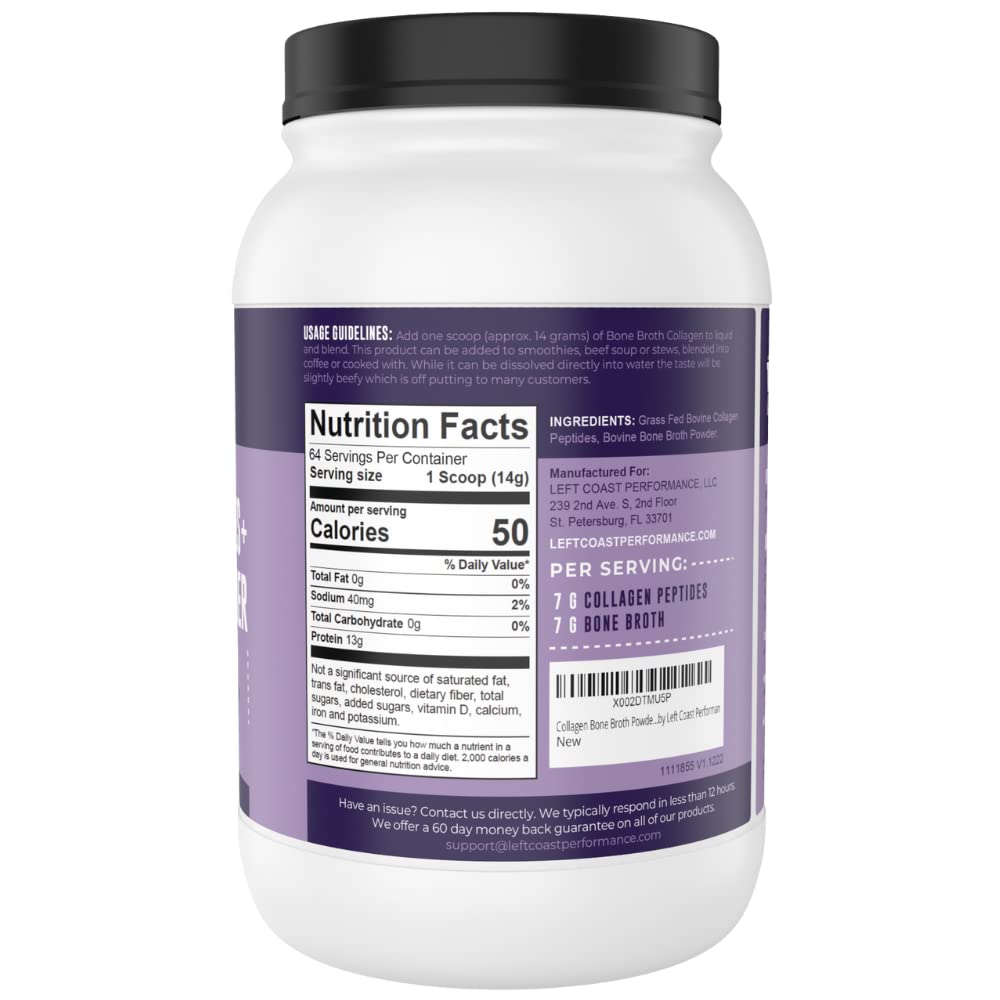 Left Coast Performance Collagen Bone Broth Powder 2lb, Bone Broth with Grass Fed Collagen Peptides. Unflavoured, Grass Fed, Hydrolyzed Beef, Zero Carb, Dairy Free Protein Powder. 64 Servings