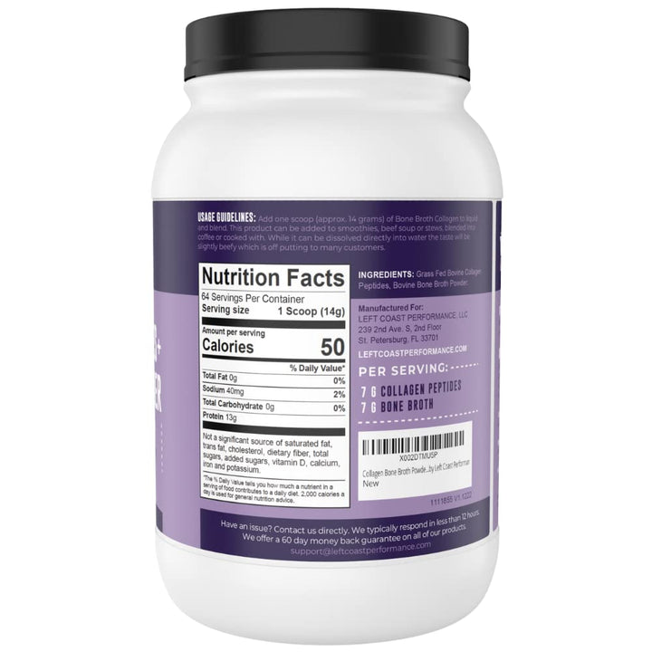 Left Coast Performance Collagen Bone Broth Powder 2lb, Bone Broth with Grass Fed Collagen Peptides. Unflavoured, Grass Fed, Hydrolyzed Beef, Zero Carb, Dairy Free Protein Powder. 64 Servings