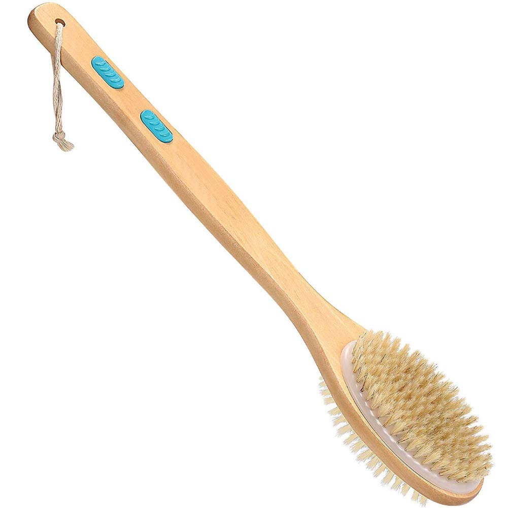 Emoly Bath Body Exfoliating Brush,Portable Shower Back Cleaning Scrubber with Long Wooden Handle, Double-Sided Brush Head for Exfoliating Skin and A Soft Scrub