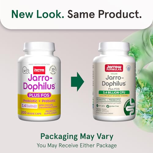 Jarrow Formulas Jarro-Dophilus + FOS - 3.4 Billion Organisms Per Serving - 200 Veggie Caps - Prebiotic & Probiotic - Nutritional Support to Beneficial Bacteria - Up to 200 Servings